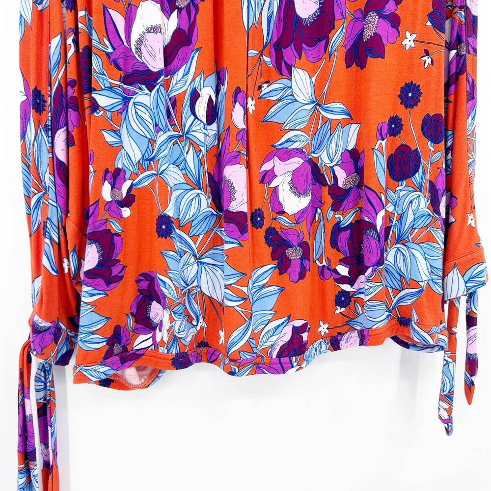 Free People Keepin’ On Orange Floral Tie Sleeves Top 3/4 Sleeves Womens Sz S - Picture 10 of 12